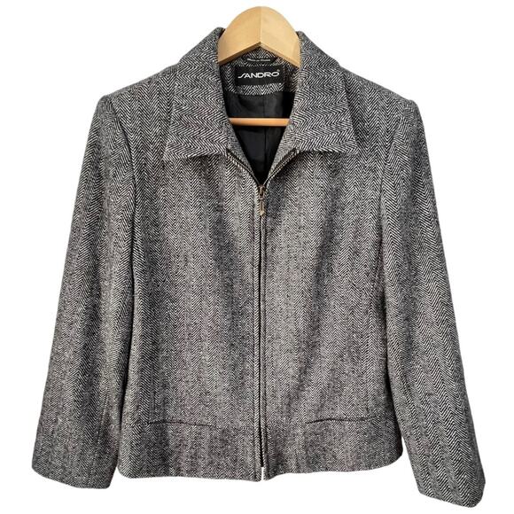 Sandro Jacket 100% Wool Herringbone Sz 12 Black White Zip Front - Picture 1 of 8
